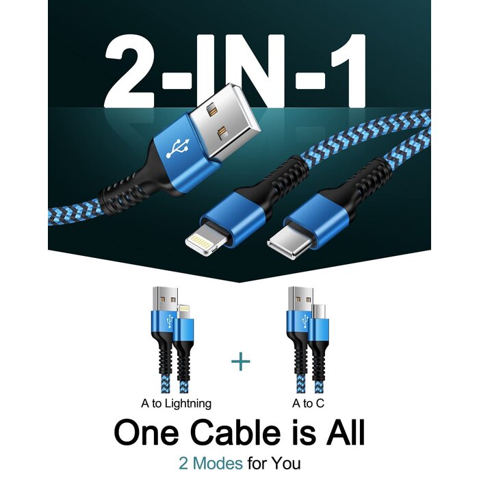 LIGHT/USB-C-2IN1-CHRG - Haoano Apple Lightning & USB-C 2-in-1 Charging Cable (4 Feet), USB to Lightning & USB to USB-c Long Fast Charger Cord for iPhone 17 Air 16e 16 15 Pro Max 14 Plus 13 12 11 mini, Samsung Galaxy, Pixel