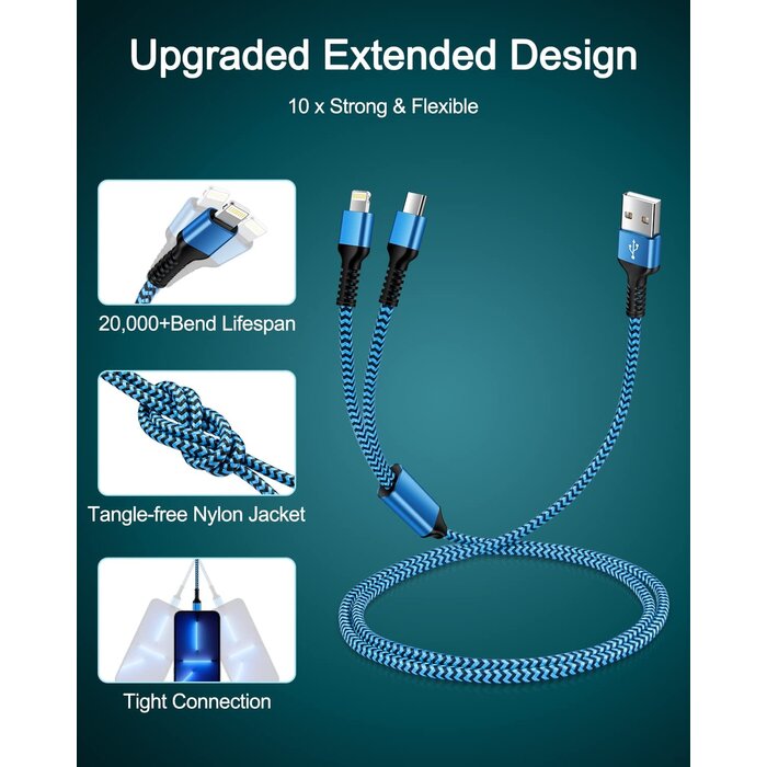 LIGHT/USB-C-2IN1-CHRG - Haoano Apple Lightning & USB-C 2-in-1 Charging Cable (4 Feet), USB to Lightning & USB to USB-c Long Fast Charger Cord for iPhone 17 Air 16e 16 15 Pro Max 14 Plus 13 12 11 mini, Samsung Galaxy, Pixel