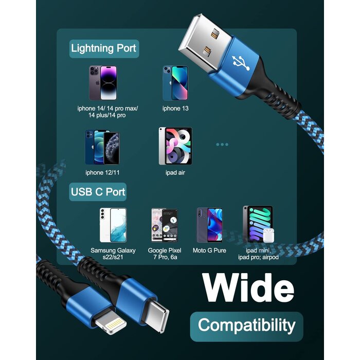 LIGHT/USB-C-2IN1-CHRG - Haoano Apple Lightning & USB-C 2-in-1 Charging Cable (4 Feet), USB to Lightning & USB to USB-c Long Fast Charger Cord for iPhone 17 Air 16e 16 15 Pro Max 14 Plus 13 12 11 mini, Samsung Galaxy, Pixel