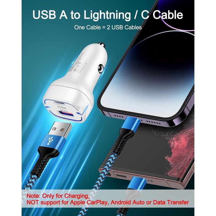 LIGHT/USB-C-2IN1-CHRG - Haoano Apple Lightning & USB-C 2-in-1 Charging Cable (4 Feet), USB to Lightning & USB to USB-c Long Fast Charger Cord for iPhone 17 Air 16e 16 15 Pro Max 14 Plus 13 12 11 mini, Samsung Galaxy, Pixel