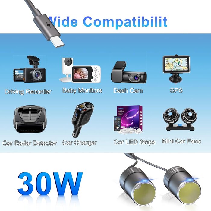 Moqidong 902-6 - Moqidong USB-C to Cigarette Lighter Adapter 36W: PD3.0 2-Socket USB C to 12V Adapter 3A Type C Male to Cigarette Lighter Female Dual Socket, 1.3ft