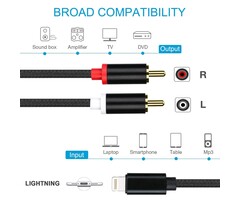 RCA2LIGHT-6FT - WorldBoyu Lightning to RCA Cable Audio Aux Adapter, Stereo Y Splitter Adapter for Select iPhone, iPad and iPod Models for Power Amplifier, Car, Home Theater, Speaker and More Silver 6FT