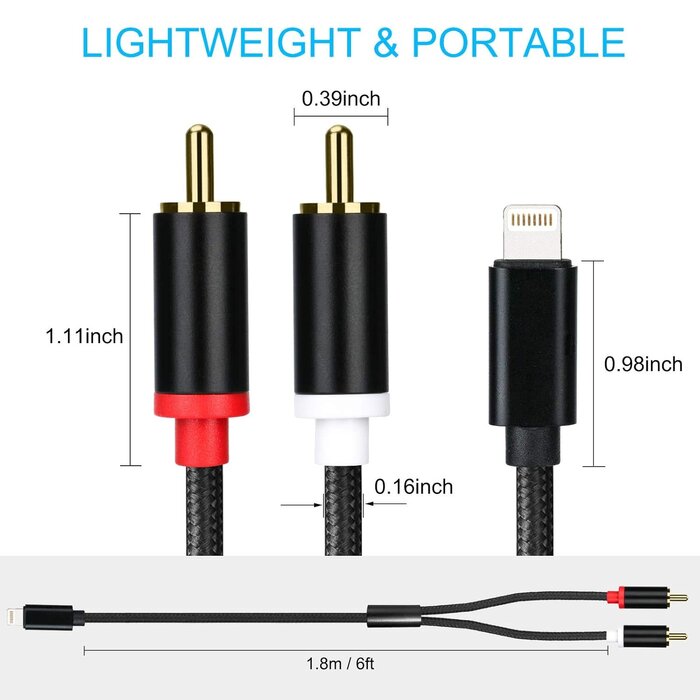RCA2LIGHT-6FT - WorldBoyu Lightning to RCA Cable Audio Aux Adapter, Stereo Y Splitter Adapter for Select iPhone, iPad and iPod Models for Power Amplifier, Car, Home Theater, Speaker and More Silver 6FT