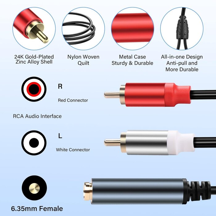 24083 - JSADZKJ 6.35mm Stereo to 2 RCA Audio Cable 1/4 Inch Female to Dual RCA Male Audio Y Splitter Cable 1/4 inch TRS Jack to 2 RCA Plug Connector Wire Cord for Amplifier Microphone 30CM