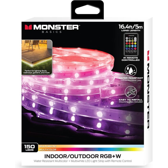 Monster MLB7-1037-RGB - Monster 16ft Multi-Color Multi-White Indoor/Outdoor LED Light Strip with Included IR Remote, Color Changing Modes and Mounting Clips - 16.4ft(5m)