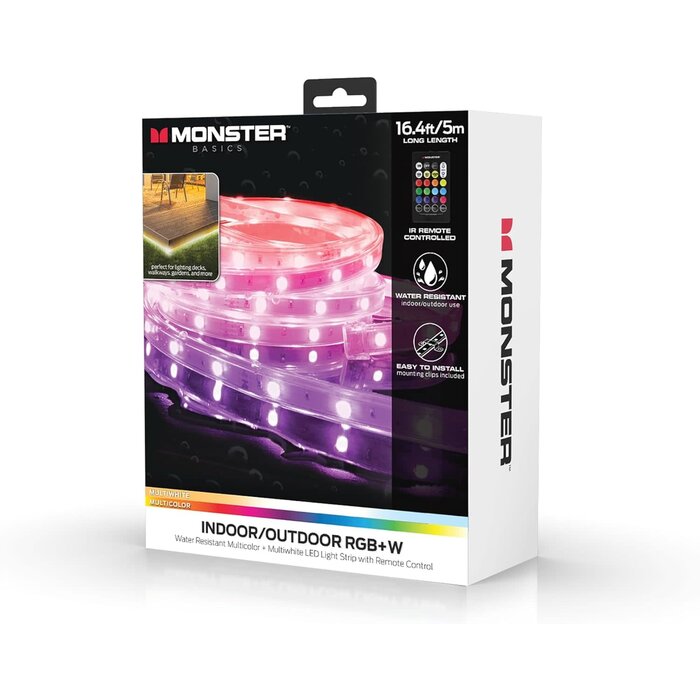Monster MLB7-1037-RGB - Monster 16ft Multi-Color Multi-White Indoor/Outdoor LED Light Strip with Included IR Remote, Color Changing Modes and Mounting Clips - 16.4ft(5m)