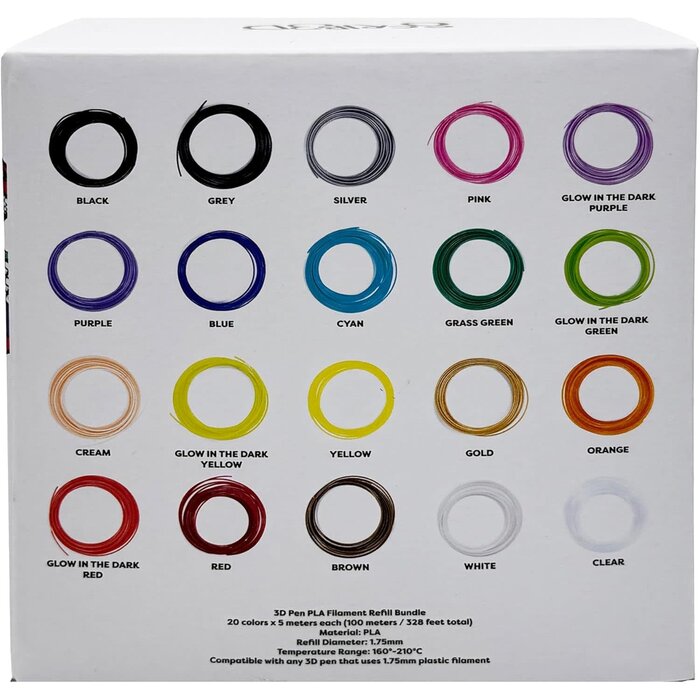 SCRIB3D SCRIB3D-20 - SCRIB3D Pen Filament Refills, 20 Colors, 320 Feet, 1.75mm PLA, Works with SCRIB3D, PIKA3D, MYNT3D and Most Other 3D Printing Pens
