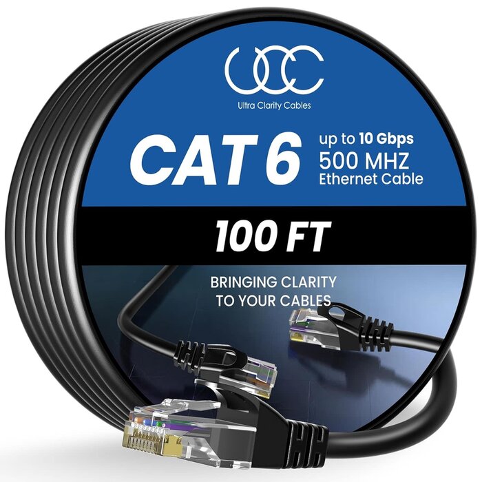 UC098 - Ultra Clarity Cables Cat 6 Ethernet Cable 100 ft, Outdoor&Indoor 10Gbps Ethernet Cable, High Speed Cat6 Cable RJ45 LAN Internet Cable for Computer, Router, Modem, PS4/5, Xbox, Gaming - Black