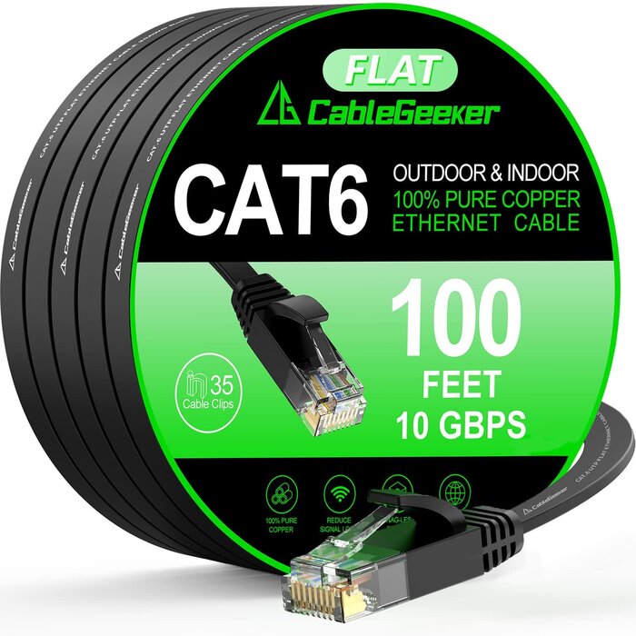 4456239 - CableGeeker Cat 6 Ethernet Cable 100 ft, Indoor&Outdoor, High Speed 10Gbps Internet Network, Pure Copper Flat Ethernet Patch Cable Long, Computer LAN Cable with Clips & Straps for Router, Modem, PS4/5, Black