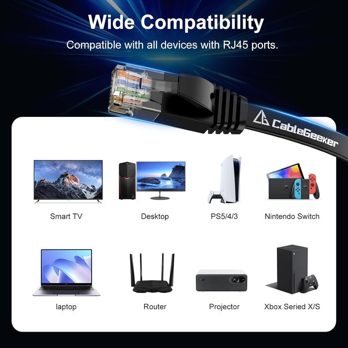4456239 - CableGeeker Cat 6 Ethernet Cable 100 ft, Indoor&Outdoor, High Speed 10Gbps Internet Network, Pure Copper Flat Ethernet Patch Cable Long, Computer LAN Cable with Clips & Straps for Router, Modem, PS4/5, Black