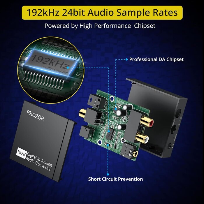 DIGI2ANA-AUD-CNVT - PROZOR 192KHz Digital to Analog Audio Converter, DAC Optical to Analog L/R RCA 3.5mm Converter, Digital SPDIF Toslink Optical to 3.5mm Jack Adapter for PS3 HD DVD PS4 Amp Apple TV Home Cinema