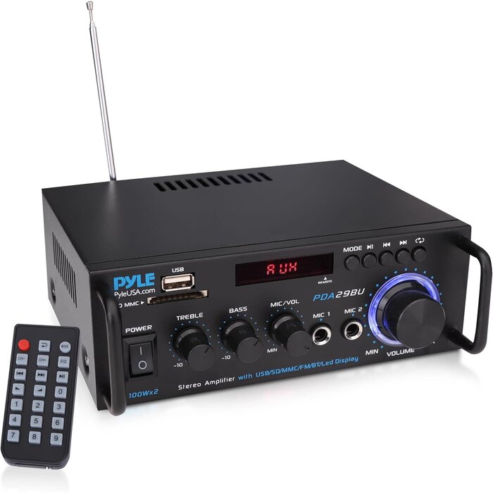PDA29BU.5 - Pyle 200W Stereo Power Amplifier with Bluetooth - Dual Channel Audio Receiver - LED Display - RCA - USB - SD - MIC IN - FM Radio - AUX Input - Perfect for Home & Computer Audio