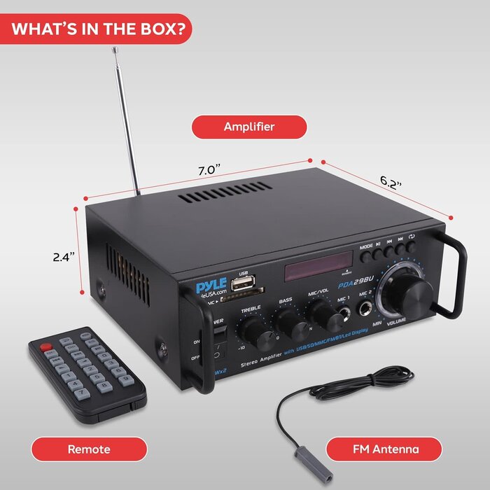 PDA29BU.5 - Pyle 200W Stereo Power Amplifier with Bluetooth - Dual Channel Audio Receiver - LED Display - RCA - USB - SD - MIC IN - FM Radio - AUX Input - Perfect for Home & Computer Audio