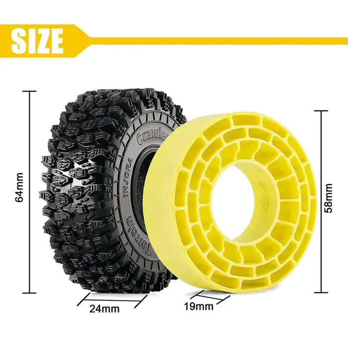 INJORA YQT-1011-1064YE - INJORA 1.0" 64x24mm Tires & Silicone Rubber Inserts Combo (4), Yellow
