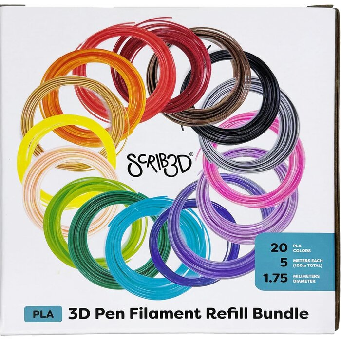 SCRIB3D SCRIB3D-REFLL-20 - SCRIB3D Pen Filament Refills, 20 Colors, 320 Feet, 1.75mm PLA, Works with SCRIB3D, PIKA3D, MYNT3D and Most Other 3D Printing Pens