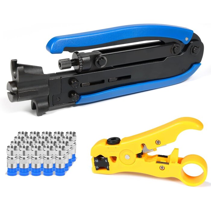 RG6-RG11-CRIMP - HIIJA RG6 Compression Tool Coax Cable Crimper Kit RG6 RG11 RG59 F81 with 20PCS F Compression Connectors - BlueYellow