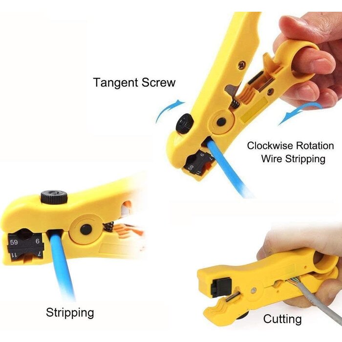 RG6-RG11-CRIMP - Zkarabc Professional Coax Cable Crimper Kit with Wire Stripper & RG6 Compression Connectors Also Supports RG59, RG11 – Adjustable Coax Crimper Tool Set for TV, Satellite & Home Network Coaxial Cable Connector Installations