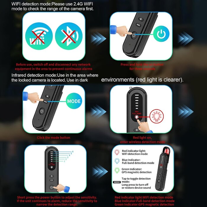 T01 - Aroeally Hidden Camera Detector - 2025 Camera Detector, Hidden Device GPS Detector, Bug Detector, Camera Detector for Hotels, Travel, Office, 5 Levels Sensitivity (Black)