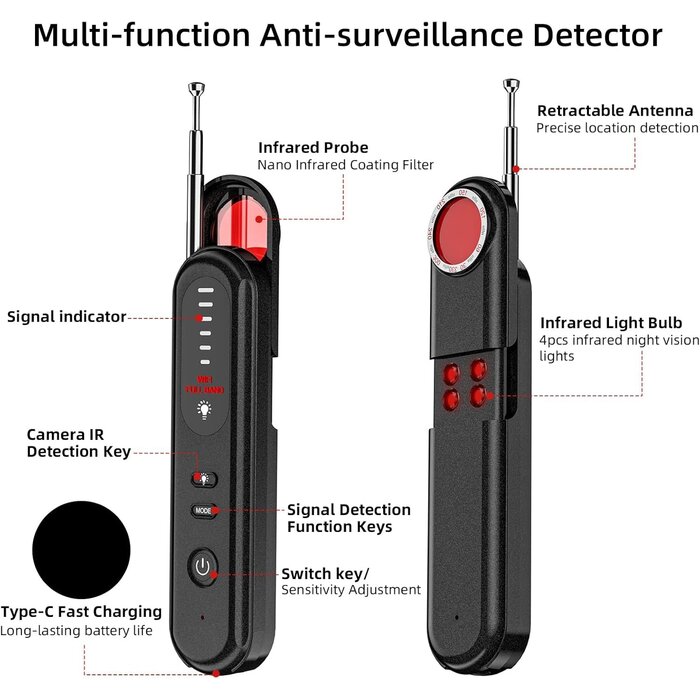 T01 - Aroeally Hidden Camera Detector - 2025 Camera Detector, Hidden Device GPS Detector, Bug Detector, Camera Detector for Hotels, Travel, Office, 5 Levels Sensitivity (Black)