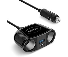 MRS152 - BESTEK 4 in 1 BESTEK Cigarette Lighter Splitter-150W Car Charger Adapter with 2-Socket Dual 12v Splitter QC3.0 DC Cigarette Outlet and USB-C PD30W Super Fast 12V/24V Charger for All Car, Truck, Camping