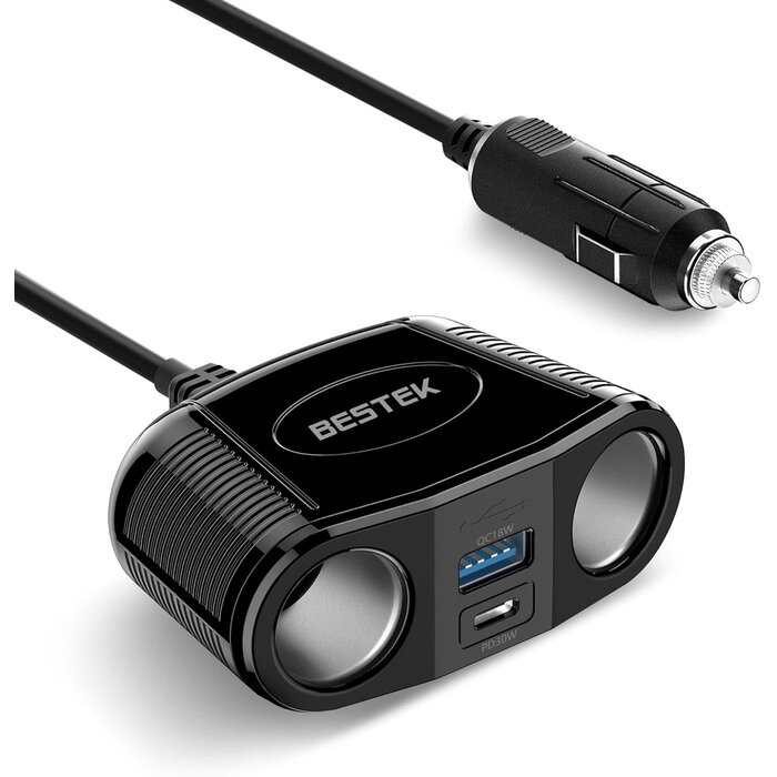 MRS152 - BESTEK 4 in 1 BESTEK Cigarette Lighter Splitter-150W Car Charger Adapter with 2-Socket Dual 12v Splitter QC3.0 DC Cigarette Outlet and USB-C PD30W Super Fast 12V/24V Charger for All Car, Truck, Camping