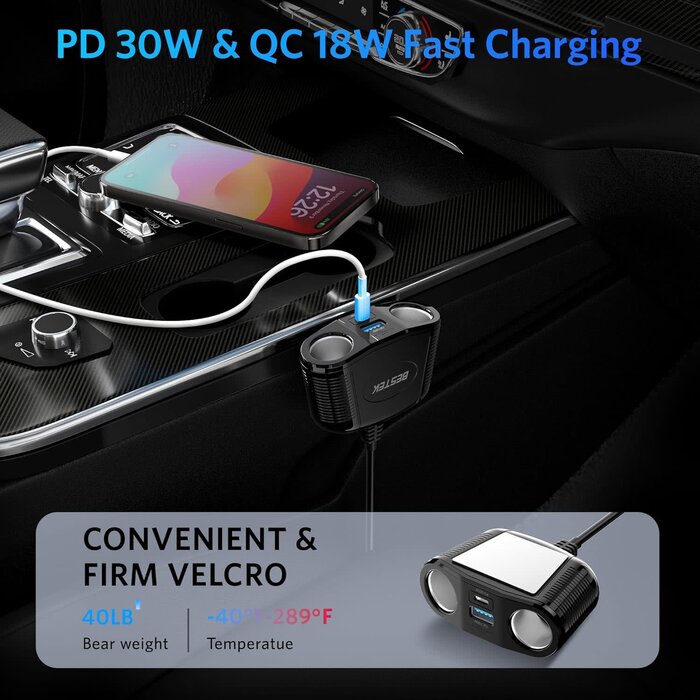 MRS152 - BESTEK 4 in 1 BESTEK Cigarette Lighter Splitter-150W Car Charger Adapter with 2-Socket Dual 12v Splitter QC3.0 DC Cigarette Outlet and USB-C PD30W Super Fast 12V/24V Charger for All Car, Truck, Camping