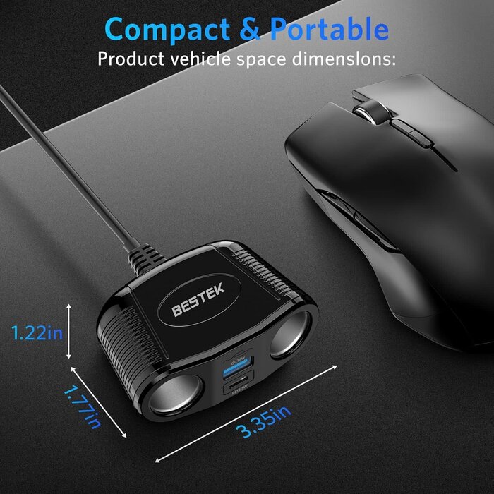 MRS152 - BESTEK 4 in 1 BESTEK Cigarette Lighter Splitter-150W Car Charger Adapter with 2-Socket Dual 12v Splitter QC3.0 DC Cigarette Outlet and USB-C PD30W Super Fast 12V/24V Charger for All Car, Truck, Camping