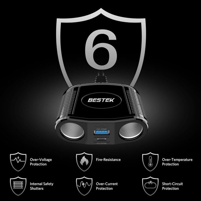 MRS152 - BESTEK 4 in 1 BESTEK Cigarette Lighter Splitter-150W Car Charger Adapter with 2-Socket Dual 12v Splitter QC3.0 DC Cigarette Outlet and USB-C PD30W Super Fast 12V/24V Charger for All Car, Truck, Camping