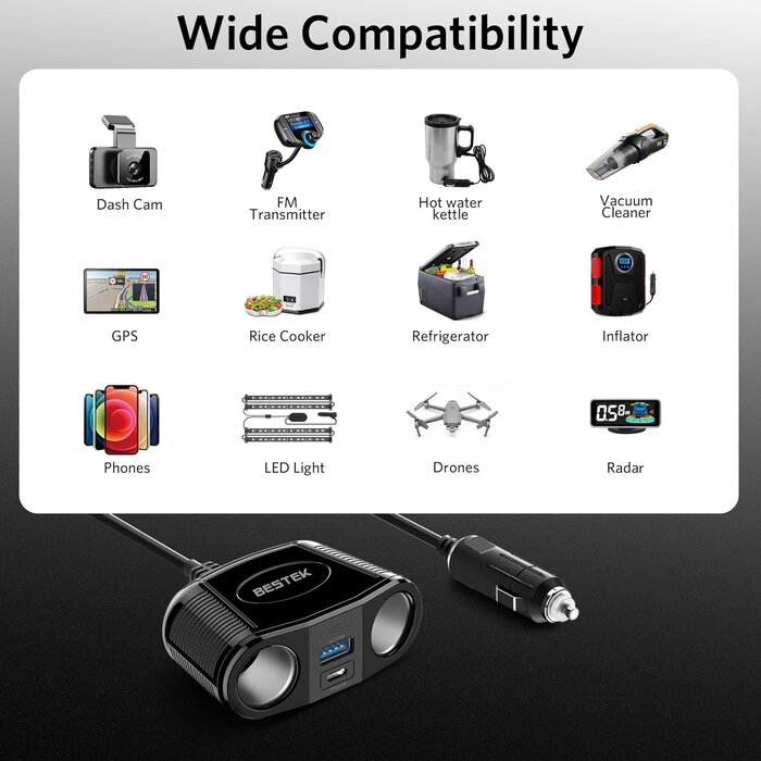 MRS152 - BESTEK 4 in 1 BESTEK Cigarette Lighter Splitter-150W Car Charger Adapter with 2-Socket Dual 12v Splitter QC3.0 DC Cigarette Outlet and USB-C PD30W Super Fast 12V/24V Charger for All Car, Truck, Camping