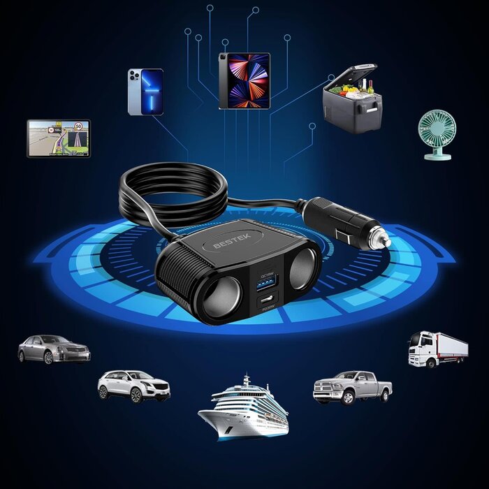 MRS152 - BESTEK 4 in 1 BESTEK Cigarette Lighter Splitter-150W Car Charger Adapter with 2-Socket Dual 12v Splitter QC3.0 DC Cigarette Outlet and USB-C PD30W Super Fast 12V/24V Charger for All Car, Truck, Camping