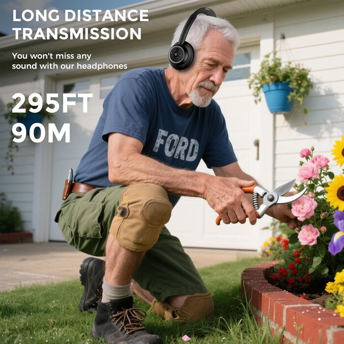 M98A - ROSIDA Wireless Headphones for TV Watching, Wireless Headphones for Seniors with Transmitter Charging Base, Bluetooth Headsets for TV, No Audio Delay, Gift for The Seniors or Parents, Black