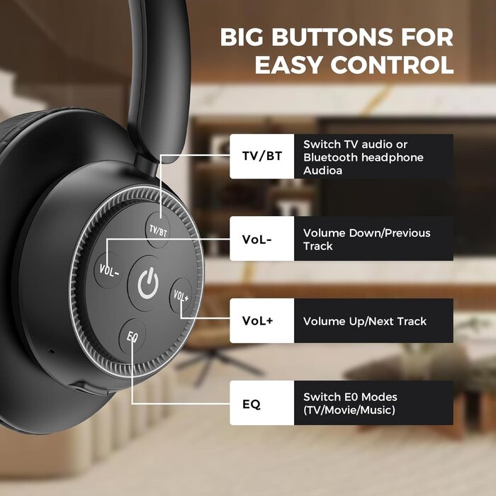 M98A - ROSIDA Wireless Headphones for TV Watching, Wireless Headphones for Seniors with Transmitter Charging Base, Bluetooth Headsets for TV, No Audio Delay, Gift for The Seniors or Parents, Black