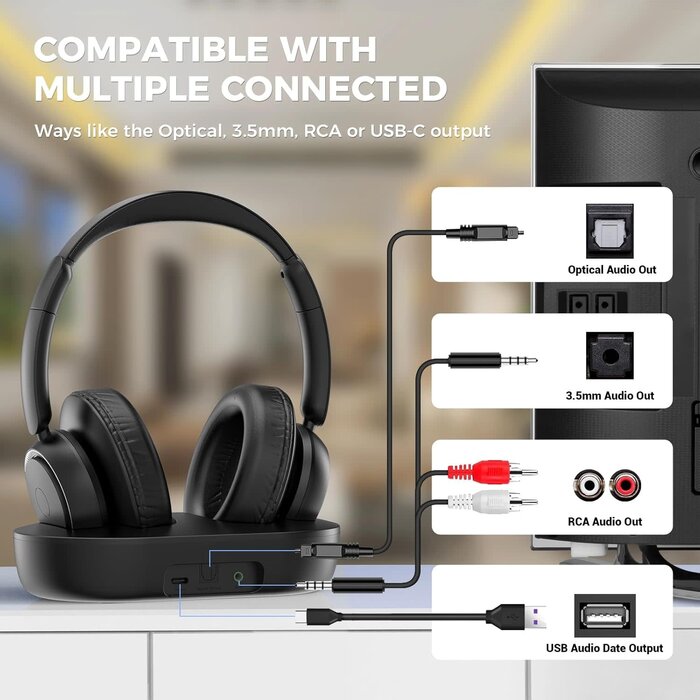 M98A - ROSIDA Wireless Headphones for TV Watching, Wireless Headphones for Seniors with Transmitter Charging Base, Bluetooth Headsets for TV, No Audio Delay, Gift for The Seniors or Parents, Black