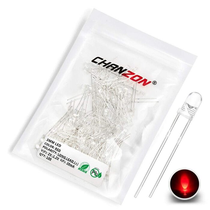100F3T-YT-WH-RE - CHANZON 100 pcs 3mm Red LED Diode Lights (Clear Round Transparent DC 2V 20mA) Bright Lighting Bulb Lamps Electronics Components Indicator Light Emitting Diodes