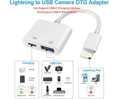 OTG2LIGHT+CHRG - Denlane Lightning to USB-A Camera Adapter, [Apple MFi Certified] USB 3.0 Female to iPhone iPad Adapter with Charging Port, Plug and Play OTG Converter Cable Support Card Reader Flash Drives Keyboard