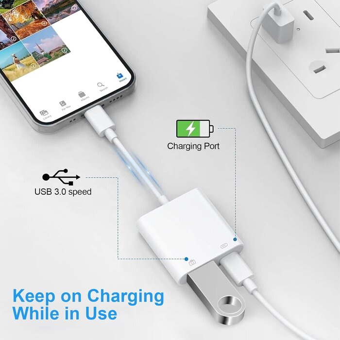 OTG2LIGHT+CHRG - Denlane Lightning to USB-A Camera Adapter, [Apple MFi Certified] USB 3.0 Female to iPhone iPad Adapter with Charging Port, Plug and Play OTG Converter Cable Support Card Reader Flash Drives Keyboard