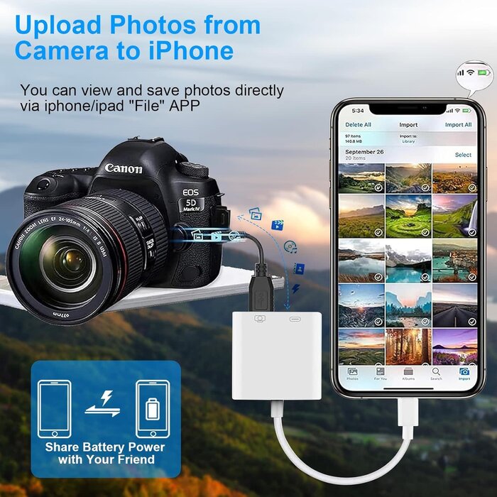 OTG2LIGHT+CHRG - Denlane Lightning to USB-A Camera Adapter, [Apple MFi Certified] USB 3.0 Female to iPhone iPad Adapter with Charging Port, Plug and Play OTG Converter Cable Support Card Reader Flash Drives Keyboard