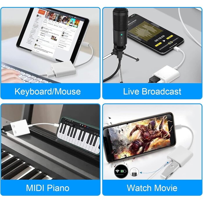 OTG2LIGHT+CHRG - Denlane Lightning to USB-A Camera Adapter, [Apple MFi Certified] USB 3.0 Female to iPhone iPad Adapter with Charging Port, Plug and Play OTG Converter Cable Support Card Reader Flash Drives Keyboard