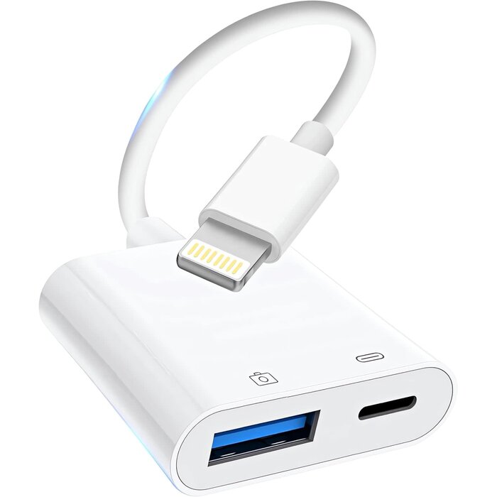 OTG2LIGHT+CHRG - Denlane Lightning to USB-A Camera Adapter, [Apple MFi Certified] USB 3.0 Female to iPhone iPad Adapter with Charging Port, Plug and Play OTG Converter Cable Support Card Reader Flash Drives Keyboard