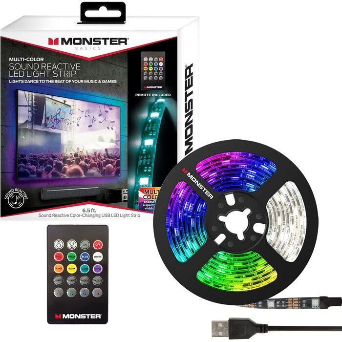 MLB7-1054- BLK - Monster 6.5 ft Multi-Color Sound Reactive LED Light Strip, Smooth Fit to Any Space, TVs, Computers, Kitchens, Bedrooms, Customizable Settings, Remote Control, USB-Powered, Easy DIY Installation