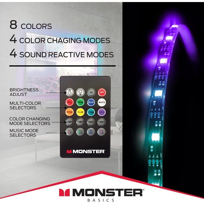 MLB7-1054- BLK - Monster 6.5 ft Multi-Color Sound Reactive LED Light Strip, Smooth Fit to Any Space, TVs, Computers, Kitchens, Bedrooms, Customizable Settings, Remote Control, USB-Powered, Easy DIY Installation
