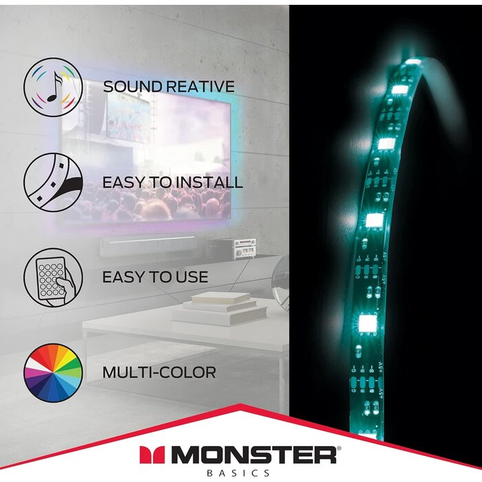 MLB7-1027- BLK - Monster Multi-Color and Multi-White LED Light Strip, 6.5 Foot, Customizable, Peel and Install, Flexible, Enhanced Ambiance, Remote Control Included, Home Decoration, Any Room