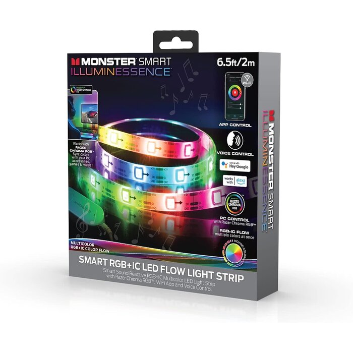 MLB71065RGB - Monster 6.5ft LED Flow Multicolor Multi-Zone Light Strip, Great For Backlighting TV Monitors/Computer Desktops, Dynamic Flow Effects, Works With Google Assistant/Alexa/Siri, Mounting Clips Included