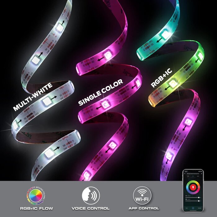 MLB71065RGB - Monster 6.5ft LED Flow Multicolor Multi-Zone Light Strip, Great For Backlighting TV Monitors/Computer Desktops, Dynamic Flow Effects, Works With Google Assistant/Alexa/Siri, Mounting Clips Included