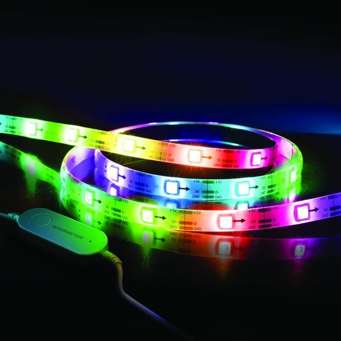 MLB71065RGB - Monster 6.5ft LED Flow Multicolor Multi-Zone Light Strip, Great For Backlighting TV Monitors/Computer Desktops, Dynamic Flow Effects, Works With Google Assistant/Alexa/Siri, Mounting Clips Included