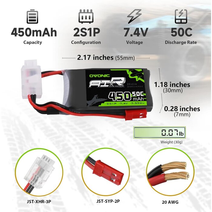 OVONIC OVONIC-7.4V-2S-450MAH-JST - OVONIC 2S Lipo Battery 50C 450mAh 7.4V Lipo Battery with JST Connector for RC Airplane Helicopter Quadcopter FPV Racing Drone