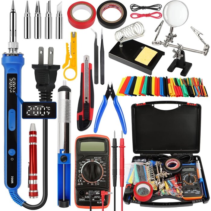 100W-SLDR-KIT - AOBOPLE 194pc Soldering Iron Kit,100W Soldering Iron Adjustable Temperature, with Multi-Meter, Solder Wire, Stand, Desoldering Pump, Soldering Welding Iron Kit for Electronics Hobby DIY 110V US Plug
