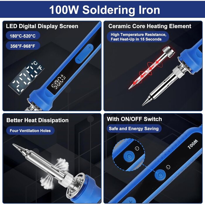 100W-SLDR-KIT - AOBOPLE 194PCS Soldering Iron Kit,100W Soldering Iron Adjustable Temperature, with Multi-Meter, Solder Wire, Stand, Desoldering Pump, Soldering Welding Iron Kit for Electronics Hobby DIY 110V US Plug