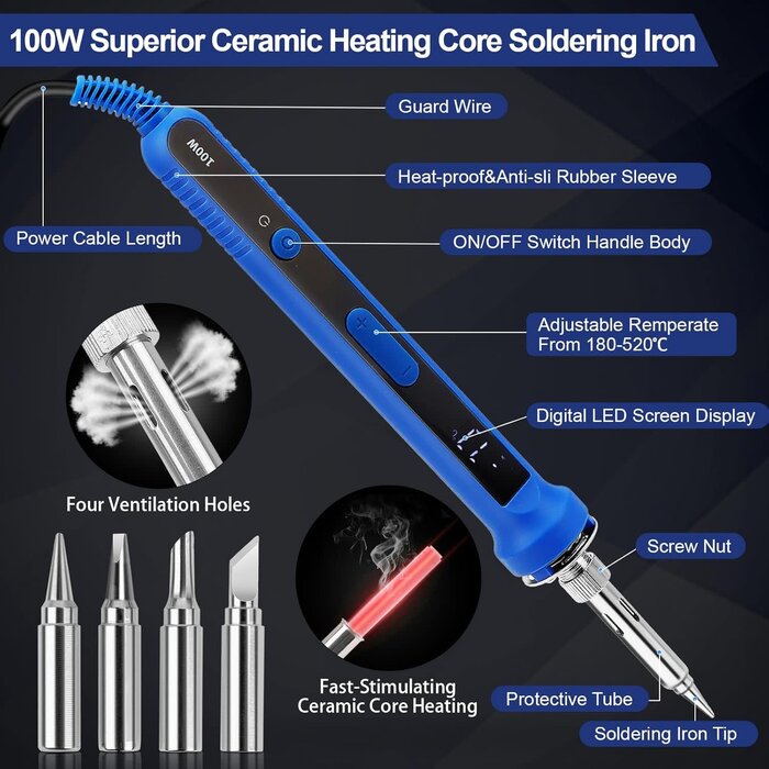 100W-SLDR-KIT - AOBOPLE 194PCS Soldering Iron Kit,100W Soldering Iron Adjustable Temperature, with Multi-Meter, Solder Wire, Stand, Desoldering Pump, Soldering Welding Iron Kit for Electronics Hobby DIY 110V US Plug