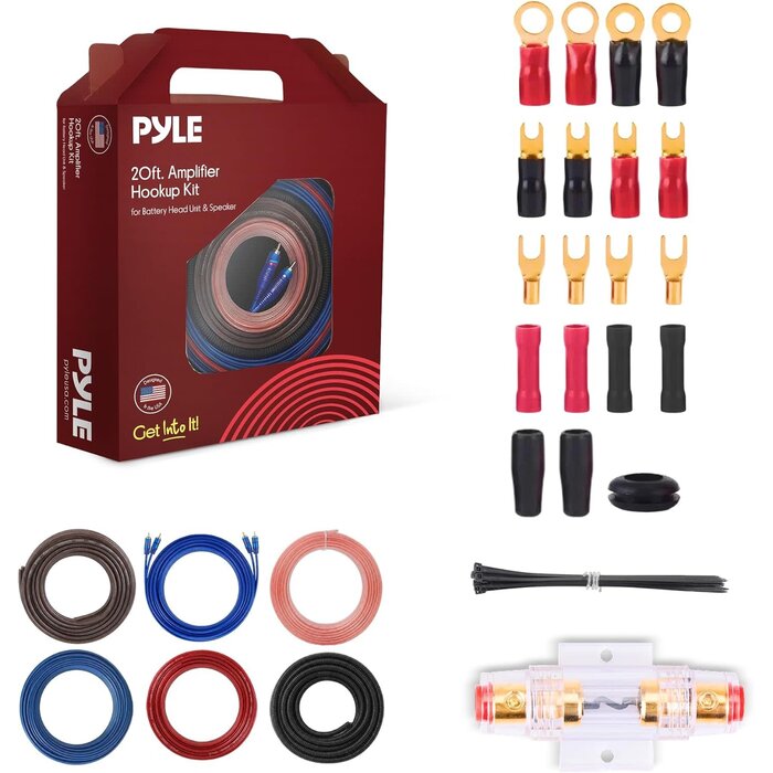 PLMRAKT8 - Pyle 8 Gauge Car Audio Wiring Kit – 20ft Power Wire – Up to 1000W Amplifier Hookup for Battery, Stereo Head Unit & Subwoofer System – Includes Speaker Wire, Ground Cable & Gold-Plated Fuse – PLMRAKT8